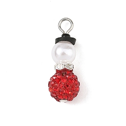 Siam Christmas Handmade Polymer Clay with Rhinestone Pendants, Snowman Charms, with ABS Plastic Imitation Pearl Round Beads, Brass Rhinestone Spacer Beads, Glass Seed Beads, Platinum, Siam, 27x10mm, Hole: 3.5mm