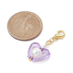 Couleur Mélangete Décorations pendentifs coeur en acrylique et perles de verre, avec alliage homard fermoirs pince, couleur mixte, 35mm