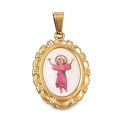Golden Ion Plating(IP) Religion 304 Stainless Steel with Epoxy Resin Pendants, with 201 Stainless Steel Snap On Bails, Oval with Holy Child Charms, Colorful, Golden, 29~29.5x20.5~21x3.5mm, Hole: 6x3.5mm
