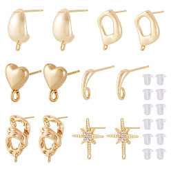 Настоящее золото 18K 12шт. 6 стили латунные серьги-гвоздики фурнитура, без никеля , долговечный, разнообразные, реальный 18 k позолоченный, 10~16.5x7~11.5 мм, отверстие : 1~2.5 мм, штифты : 0.7~0.8 мм, 2 шт / стиль
