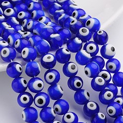 Blue Handmade Lampwork Beads, Evil Eye, Round, Blue, 10mm, Hole: 1.5mm, about 38pcs/strand