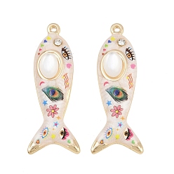 Golden Printed Alloy Enamel Pendants, Fish with Evil Eye Pattern Charms, with Rhinestone and Resin Imitation Cat Eye, Cadmium Free & Nickel Free & Lead Free, Rack Plating, Golden, 43.5x16.5x6.5mm, Hole: 1.6mm