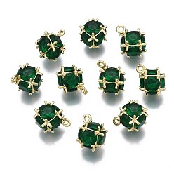 Green K9 Transparent Glass Charms, with Brass Findings, Rack Plating, Nickel Free, Faceted Round, Real 18K Gold Plated, Green, 15x11x12mm, Hole: 1.4mm