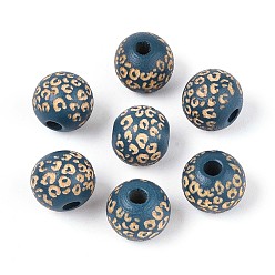 Сланцево-синий Расписные бусы из натурального дерева, лазерная гравировка, круглый с леопардовым принтом, синевато-серый, 10x8.5 мм, отверстие : 2.5 мм