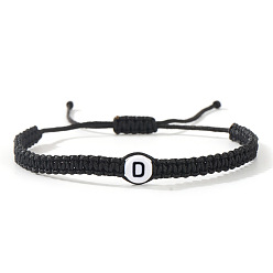 Letter D Плоские круглые браслеты из плетеных бусин из смоляных бусин с буквенным узором, регулируемые плетеные браслеты из хлопкового шнура для мужчин и женщин, Буква D, 11.02 дюйм (28 см)