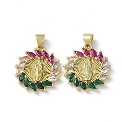 Golden Rack Plating Brass Cubic Zirconia Pendants, Lead Free & Cadmium Free, Flat Round with Saint, Long-Lasting Plated, Golden, 20x18x3mm, Hole: 5x3.5mm