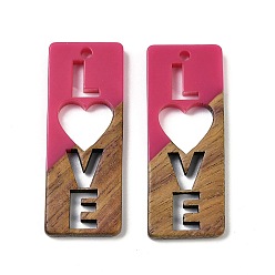 Средний Фиолетово-красный Подвески из смолы и ореха, прямоугольник со словом любовь, подарок на День святого Валентина, средне фиолетовый красный, 40x15.5x3.5 мм, отверстие : 1.8 мм