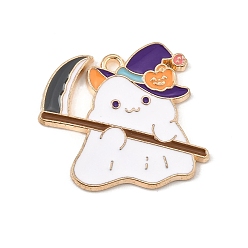 Ghost Halloween Alloy Enamel Pendants, Golden, Ghost with Hoe Charms, 23.5x24x1.5mm, Hole: 1.5mm