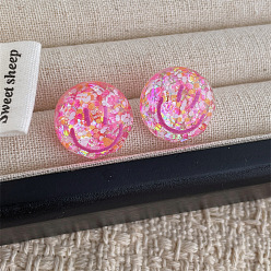 Ярко-Розовый Прозрачные акриловые серьги-гвоздики в виде улыбающегося лица с пайетками, ярко-розовый, 18 мм