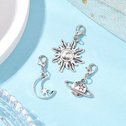 Античный Серебристый & Платиновый Подвески из сплава в тибетском стиле с открытыми железными соединительными кольцами и украшениями в виде застежек-клешней из цинкового сплава, солнце и луна и звезда, старинное серебро и платина, 27.5 мм