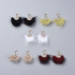 (52) Непрозрачная лаванда Латунь болтаться серьги, подвеска с кисточкой из меха норки, горный хрусталь и сплавочная фурнитура, вентилятор, золотые, разноцветные, 50 мм , штифт: 0.9 мм