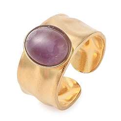 Аметист Овальные кольца на палец с натуральным аметистом, ионное покрытие (ip) 304 манжеты из нержавеющей стали с широкими полосами для женщин, пайки, реальный 14 k позолоченный, овальный : 11x9.5 mm, регулируемый