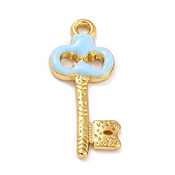 Light Blue Golden Alloy Enamel Pendants, Long-Lasting Plated, Key, Light Blue, 27x12x2mm, Hole: 1.8mm