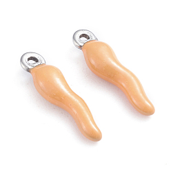 Легкий Лосось 304 подвески из нержавеющей стали, эмалированные блестки, рог изобилия / итальянский рог корничелло амулеты, цвет нержавеющей стали, светлый померанцевый, 17.5x4.5x3.5 мм, отверстие : 1~1.5 мм