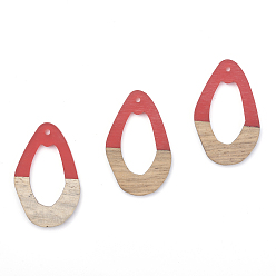 Индийский Красный Подвески из смолы и ореха, слеза, Индийская красная, 39x24.5x3~4 мм, отверстие : 2 мм