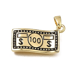 Golden Brass with Black Enamel Pendants, 100 Dollar Bill Charms, Rack Plating, Long-Lasting Plated, Cadmium Free & Lead Free, Golden, 13x22x3mm, Hole: 5x2mm