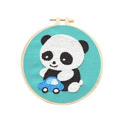 Panda Animal Theme DIY Display Decoration Punch Embroidery Beginner Kit, Including Punch Pen, Needles & Yarn, Cotton Fabric, Threader, Plastic Embroidery Hoop, Instruction Sheet, Panda, 155x155mm