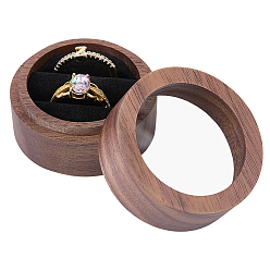 Coconut Brown 2-Slot Wood Couple Ring Storage Boxes with Velvet Inside and Window, Column, Coconut Brown, 5.1x3.5cm, Window: 38~39mm