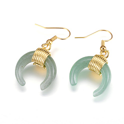 Зеленый Авантюрин Натуральный зеленый авантюрин болтаться серьги, с латунной фурнитурой , двойной рог / полумесяц, золотые, 41 мм, контактный: 0.5 мм, кулон: 23x20x9 мм