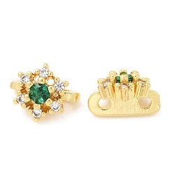 Green Brass Micro Pave Cubic Zirconia Multi-Strand Links, Real 18K Gold Plated, Flower, Green, 7x9x5.5mm, Hole: 1.4mm