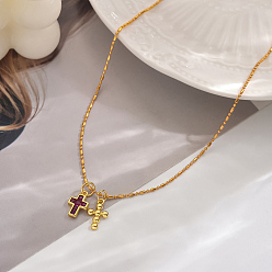 Фиолетовый Латунные кубические цирконии двойной крест кулон ожерелья для женщин отпуск, золотые, фиолетовые, 15.94 дюйм (40.5 см)