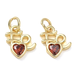 Dark Red Valentine's Day Brass Micro Pave Dark Red Cubic Zirconia Charms, Heart Charms, Real 18K Gold Plated, 11x9x2.5mm, Hole: 3.5mm