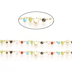 Разноцветный Латунная витая цепочка для бордюров, с латунными бусинами и гранеными стеклянными бусинами, долговечный, реальный 18 k позолоченный, пайки, с катушкой, сердце, красочный, 2.5x1.5x0.5 мм, бусина : 6x3.5 mm, Сердце: 7.5x5x2.5 mm, около 32.8 футов (10 м) / рулон