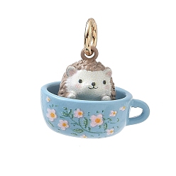 Tan Spray Painted & UV Printed Brass Pendants, Cup with Hedgehog Charms, Golden, Tan, 14.5x18x15mm, Hole: 4mm
