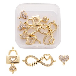 Real 18K Gold Plated 6Pcs 3 Style Brass Micro Pave Clear Cubic Zirconia Links, Heart & Infinite & Lock, Valentine's Day, Real 18K Gold Plated, 10~31x9.5~12x2.5~5mm, Hole: 0.8~1.5mm, 2pcs/style