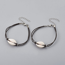 Кокосово-Коричневый Коровьей кожаные браслеты шнура, с бусинками из каури и 304 застежками из лобстера из нержавеющей стали, кокосового коричневый, 7-5/8 дюйм (19.5 см)