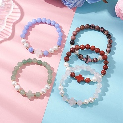 Смешанные камни Женские браслеты из натуральных смешанных драгоценных камней и культивированного пресноводного жемчуга с круглыми бусинами, крестик, с латунной бисера, бусины : 8.5~9.5 мм, внутренний диаметр: 2.24 дюйм (5.7 см)