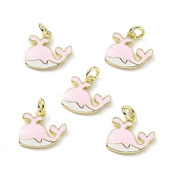 Pink Латунь эмаль прелести, очарование кита, с целью перехода в кольце, стойки покрытие, долговечный, без свинца и без кадмия, реальный 18 k позолоченный, розовые, 9x11x2 мм, отверстие : 3 мм