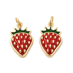 Клубника Латунь эмаль подвески, с прыжковых колец, стойки покрытие, реальный 18 k позолоченный, без свинца и без кадмия, долговечный, фруктовые прелести, клубника, 19x11.5x4.5 мм, отверстие : 3.3 мм