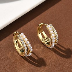 Настоящее золото 18K Двухслойные латунные серьги-кольца с микропаве из прозрачных кубических цирконий., с пластмассовой жемчужиной abs, без кадмия и без свинца, долговечный, стойки покрытие, реальный 18 k позолоченный, 16.5x16x5.5 мм