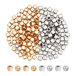 Золотой & Цвет Нержавеющей Стали 200шт 2 цвета 201 шарики из нержавеющей стали, кубические, золотые и нержавеющая сталь цвет, 2x2x2 мм, отверстие : 1 мм, 100 шт / цвет