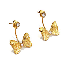 Doré  Boucles d'oreilles puces en acier inoxydable serties de zirconiums cubiques transparents et de perles en plastique pour femmes, bowknot, or, 304mm
