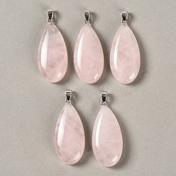 Rose Quartz Natural Rose Quartz Pendants, with 304 Stainless Steel Snap on Bails, Teardrop Charm, 44x20x9mm, Hole: 7x4mm