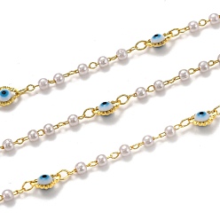 White Handmade Brass Chains, with Acrylic Imitation Pearl, Lampwork and Spool, Long-Lasting Plated, Soldered, Evil Eye, Golden, White, Link: 2.6x1.8x0.3mm