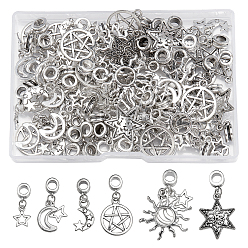 Antique Silver 60Pcs 6 Style Tibetan Style Alloy European Dangle Charms, Large Hole Beads, with Iron Findings, Antique Silver, 23~37mm, Pendant: 12~25x10~25.5x1~5mm, Hole: 4.5~5mm, 10pcs/style