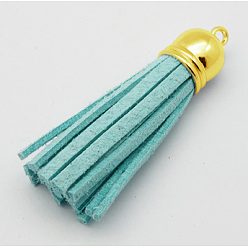 Cyan Golden Brass Suede Tassels for Cell Phone Straps Making, Cyan, 55~65x12mm, Hole: 1.5mm