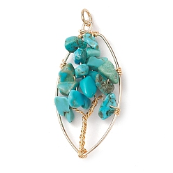Howlite Natural Howlite Dyed Chip Pendants, Golden Plated Brass Leaf Charms, 35~37x17~19x4.5~6.5mm, Hole: 3.3mm