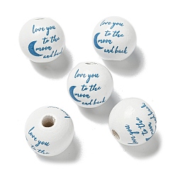 Steel Blue Printed Wood European Beads, Round with Word Pattern, Steel Blue, 15.5~16mm, Hole: 4~4.5mm