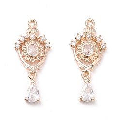 Light Gold Латунные микропаве прозрачные подвески с фианитом, тканая сеть / паутина с пером, золотой свет, 28x11.5x3 мм, отверстие : 1.4 мм