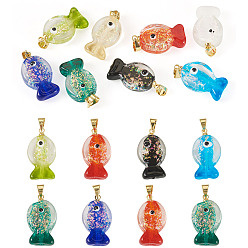 Mixed Color 8Pcs Handmade Dichroic Foil Lampwork Pendants, with Brass Findings, Fish Charm, Mixed Color, 22.5~23.5x12.5~13x8.5~9.5mm, Hole: 4.5x4mm
