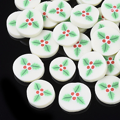 Turquoise Christmas Theme Handmade Polymer Clay Cabochons, Flat Round with Holly Leaf, Turquoise, 9~11x2mm, about 4165pcs/1000g