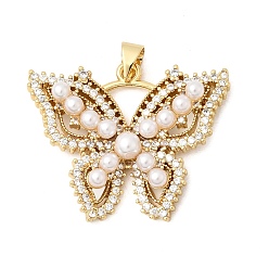 Настоящее золото 18K Латунные микропаве прозрачные подвески с фианитом, Подвески в виде бабочек с имитацией жемчуга из АБС-пластика, долговечный, стойки покрытие, без свинца и без кадмия, реальный 18 k позолоченный, 25x30.5x5 мм, отверстие : 4.5x3.5 мм