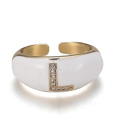Letter L Brass Micro Pave Clear Cubic Zirconia Cuff Rings, Open Rings, with Enamel, Cadmium Free & Lead Free, Golden, Letter.L, US Size 7 1/4, Inner Diameter: 17.6mm