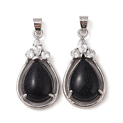 Синий Драгоценный Камень Синтетический синий авантюрин подвески, Подвески-капли из латуни с платиновым покрытием и хрустальными стразами, без кадмия и без свинца, 35x19x8 мм, отверстие : 7.5x4.5 мм