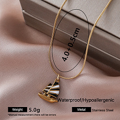 Sailboat Vintage 304 Stainless Steel Enamel Pendant Necklaces, Golden, White, Sailboat, 15.75 inch(40cm)