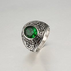 Зеленый 304 мужские перстни из нержавеющей стали с кубическим цирконием, овальные, античное серебро, зелёные, размер США 8 (18.1 мм)